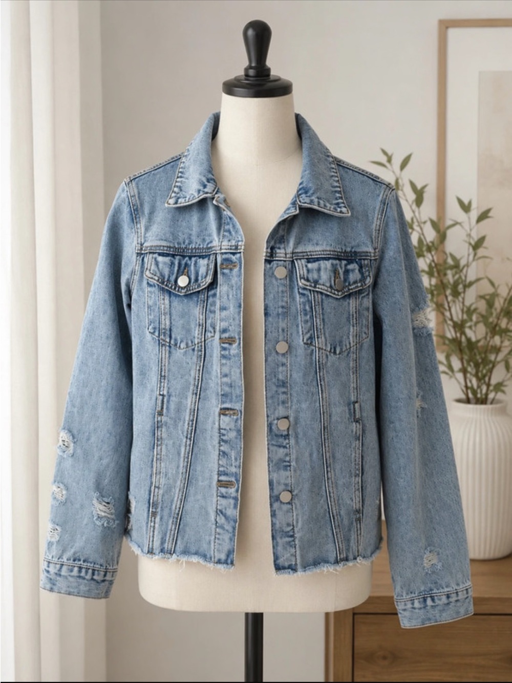 Light Blue Distressed Denim Jacket - Women's Casual Jean Coat